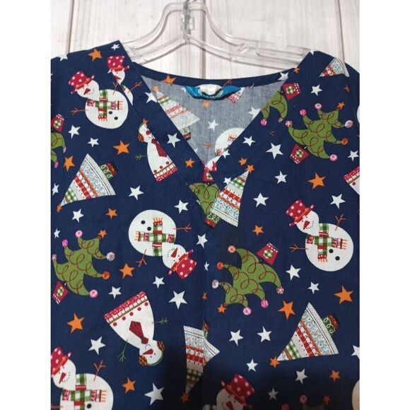 Scrub Wear Scrub Top Ladies Extra Large Navy Christmas Tree Snowman - Picture 5 of 8